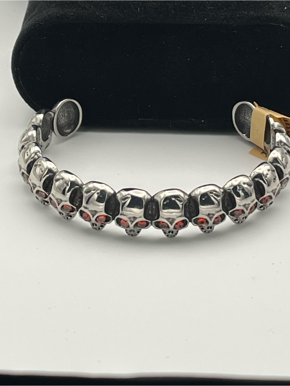 Stainless Steel Women's Skull Cuff Bracelet with Red CZ Accent Eyes